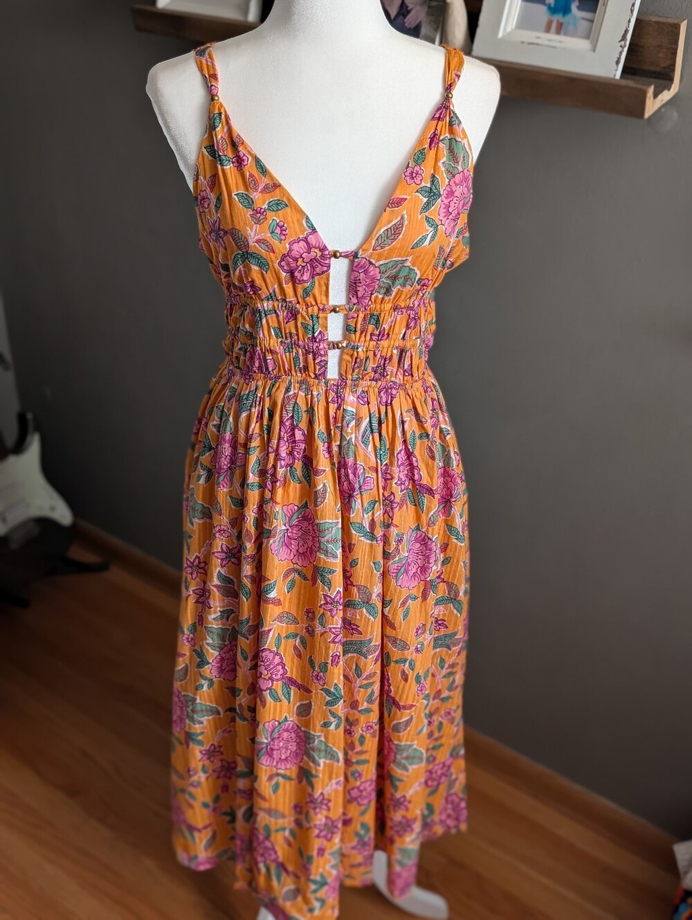 Caroline Constas Floral Cotton Midi Dress Medium Orange Pink Sundress